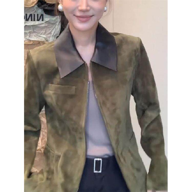 JOYIASS绿色麂皮绒外套女装秋季2025新款外贸原单廓形收腰POLO领