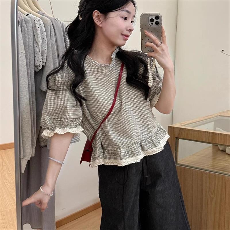 RIERA法式别致黑白格子泡泡袖短袖衬衫女夏季轻奢高级感短款娃娃