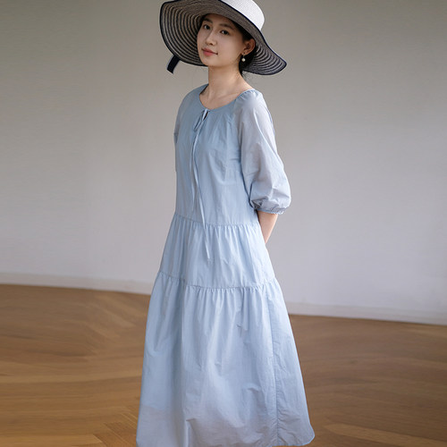 那禾新品系带纯色短袖娃娃衫长款连衣裙女NW52LQ0652