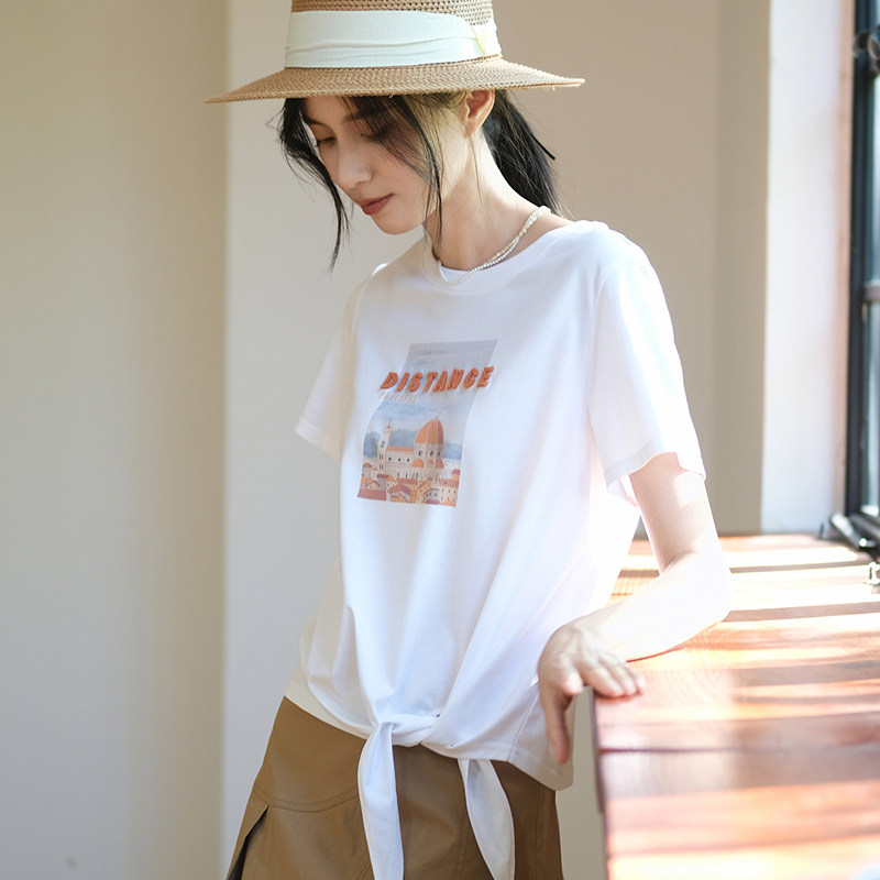 那禾2024夏季新品牙刷绣植绒字母印花上衣棉感T恤女NW42TY0044