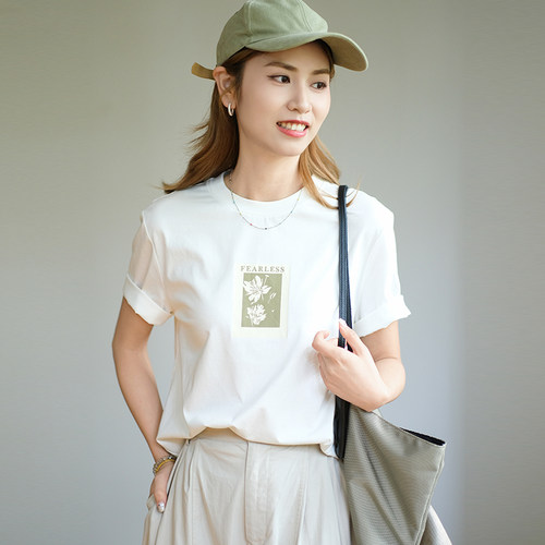 那禾夏季新品同色系文艺印花短袖T恤女NW42TM5317