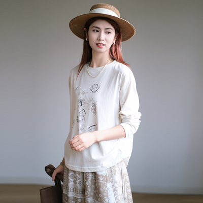 那禾新品手绘海风感棉感圆领长袖T恤NW61TY0205