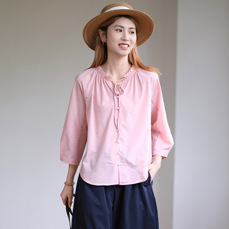 那禾夏季新品木耳领系带七分袖衬衫女ND62CQ0240