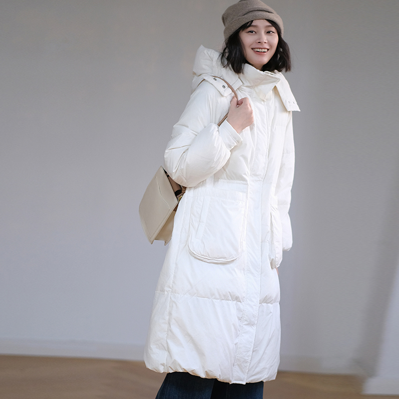 那禾新品长款可拆卸帽领白鸭绒羽绒服女NW44RR0274