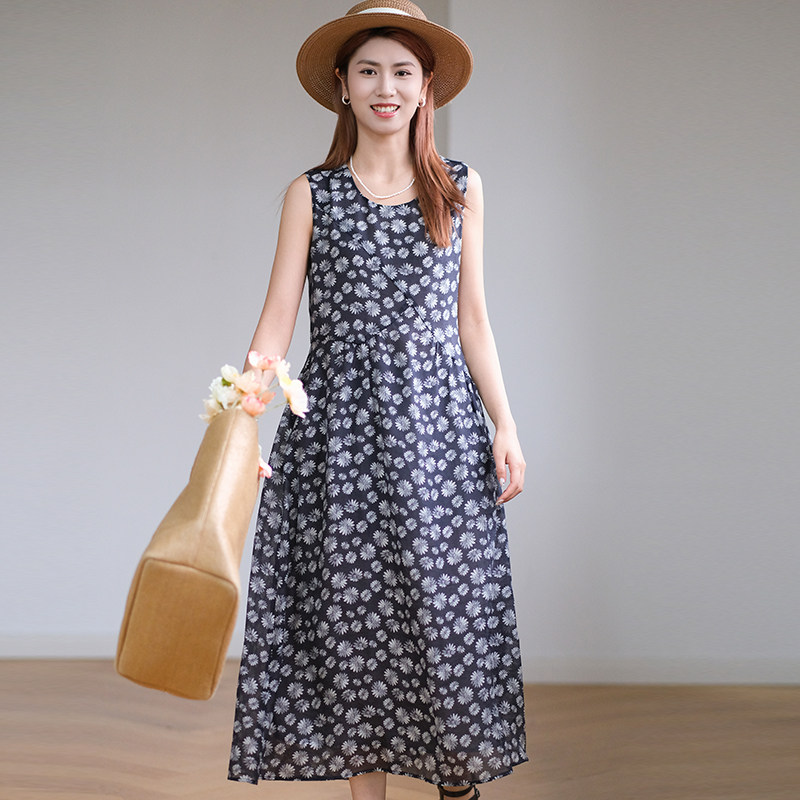 那禾新品复古小雏菊印花无袖连衣裙女NW61LQ0201