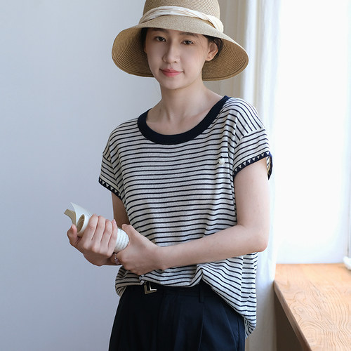 那禾新品圆领短袖条纹针织套头衫女NW52TH5673