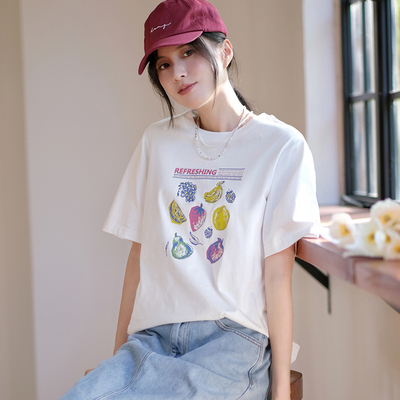 那禾夏季新品纯棉水果图案印花圆领宽松T恤女NW41TY0008