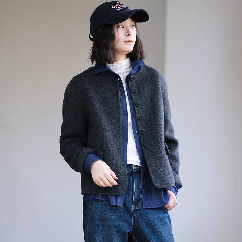 那禾新品短款简约绵羊毛圆领双面呢外套女NW54DN1385