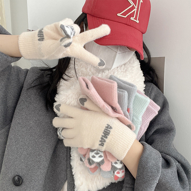 针织毛线手套秋冬季女可爱骑行保暖加厚防寒学生可触屏棉手套分指
