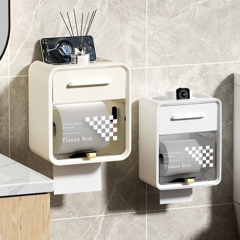 2023卫生间免打孔防水壁挂纸巾盒洗脸巾盒抽屉收纳盒追剧神器厂家