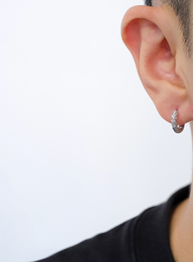 FourPin锆石镶嵌耳圈欧美嘻哈说唱ins简约风气质S925纯银耳饰男女