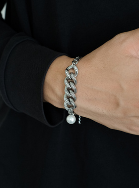 FourPin古巴链珍珠拼接手链欧美嘻哈说唱潮流ins百搭钛钢手链男女