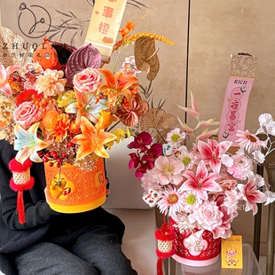 马年新款创意窗花抱抱桶插花新年福桶空桶圆桶花店花艺diy材料