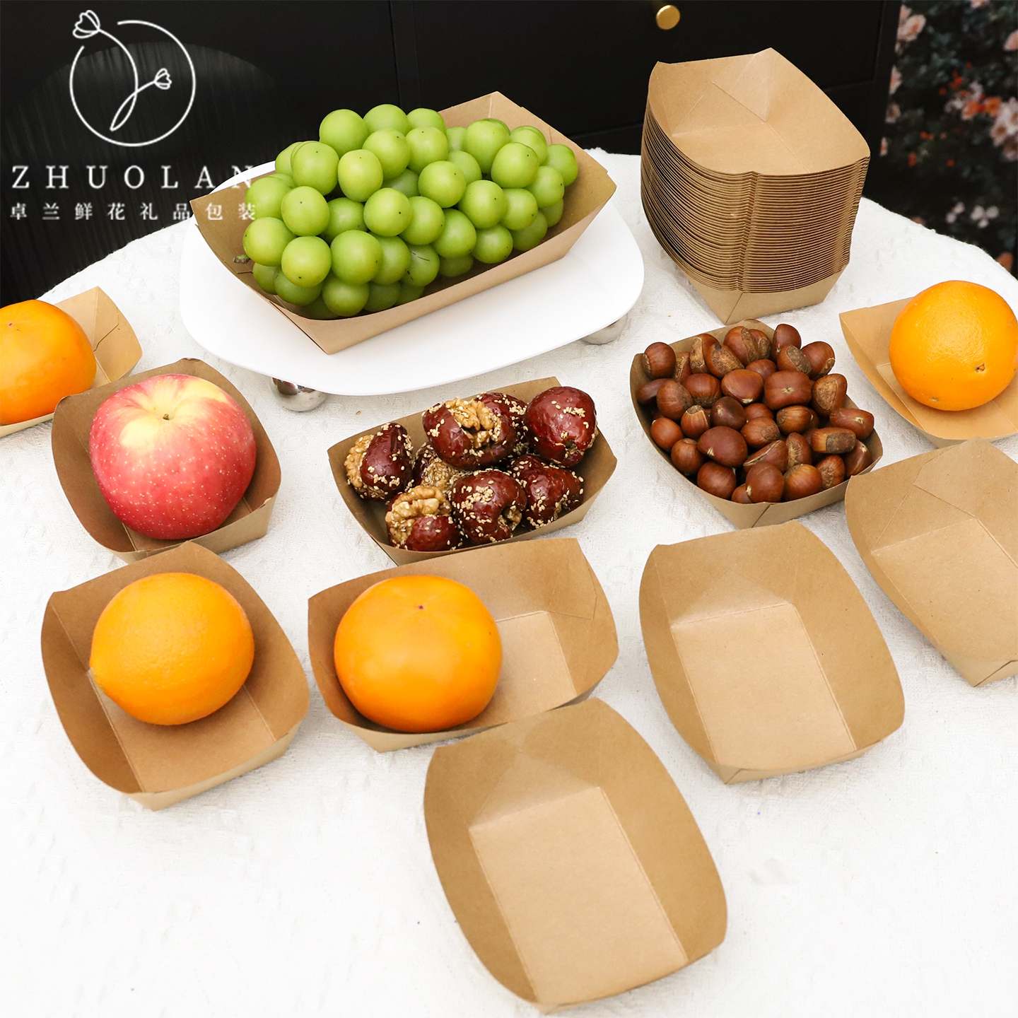 秋冬新品入冬四件套水果礼盒环保牛皮纸碗水果零食防水船盒打包盒