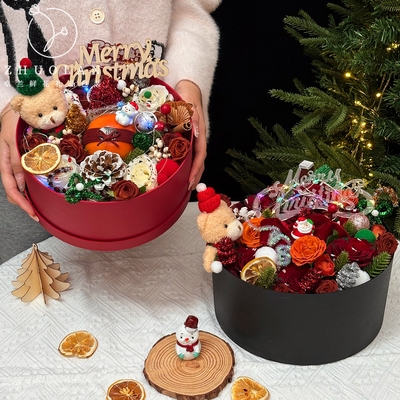 2025圣诞节新品小号套二圆形礼盒平安夜苹果花束插花小圆盒礼品盒
