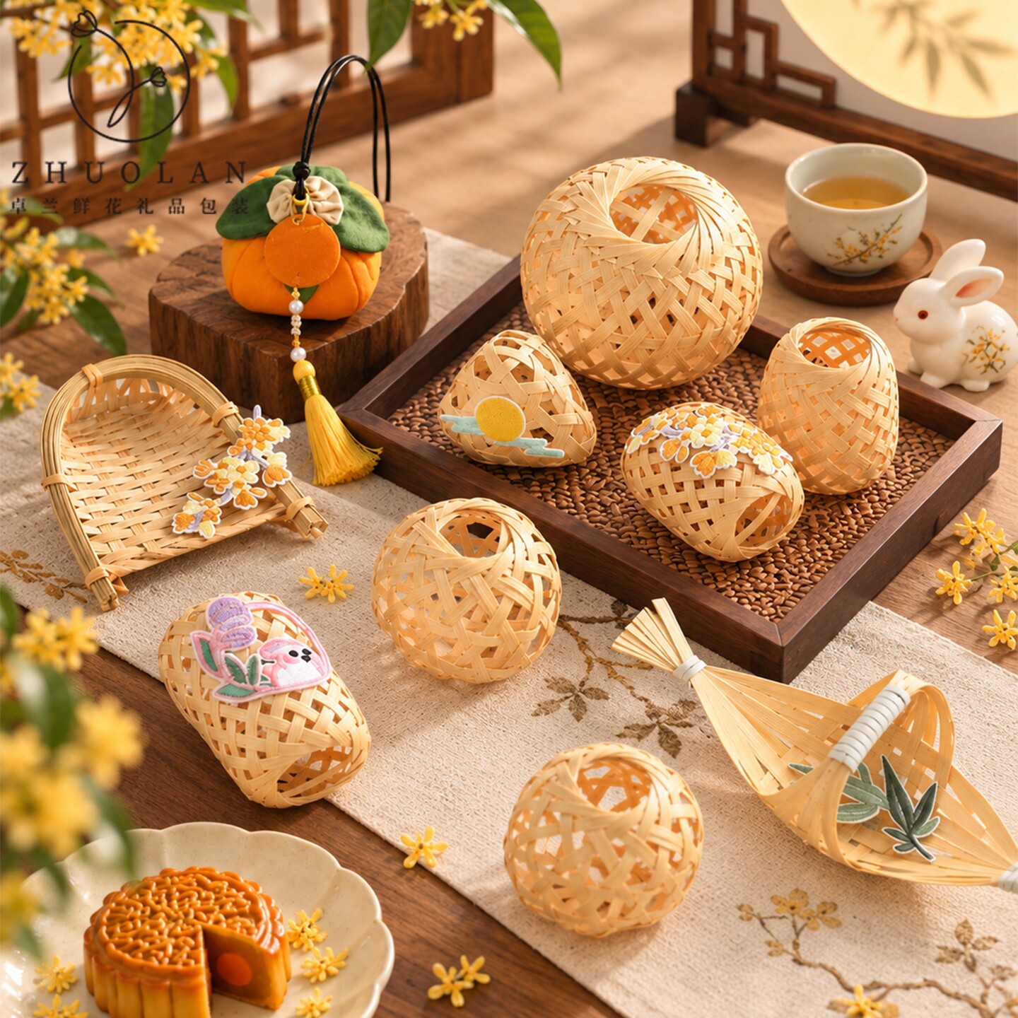 中秋节新品竹编灯笼园创手工diy配饰编织竹篮竹环花店包花资材