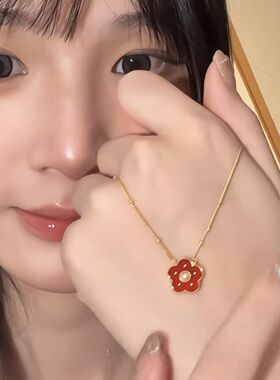 新款小红花项链女粉红温柔仙气ins小众设计气质高级感甜美锁骨链