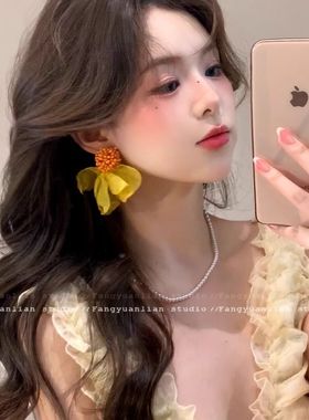 法式黄色雪纺花朵耳环复古超仙气质夸张度假风小众设计感耳钉耳饰