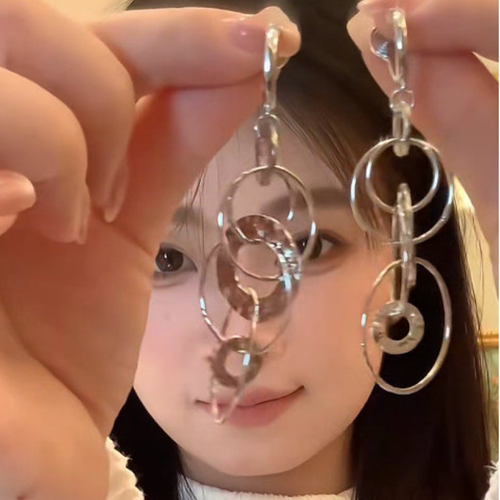 南法假日~银色多层流苏圆圈耳环女轻奢高级感气质无耳洞耳夹耳饰