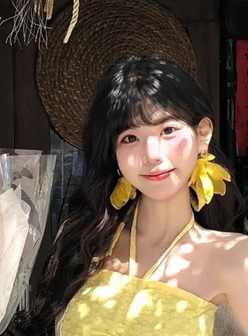 超仙气质雪纺花瓣耳环黄色甜美可爱几何耳钉夏季海边沙滩夸张耳饰