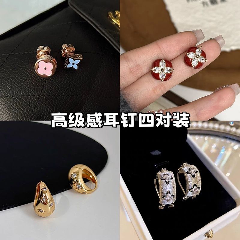 玫瑰金滴釉老花不对称AB版高级感气质耳钉2025新款百搭设计耳饰