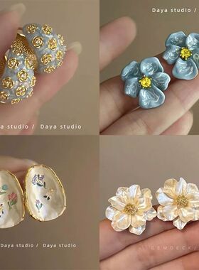 浮雕雾霾蓝 法式复古滴釉玫瑰花朵锆石耳环女轻奢高级感小众气质