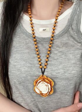 美拉德风花朵串珠项链女欧美复古气质高级长款毛衣链时尚百搭项饰
