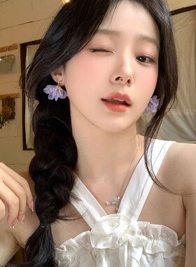 超仙甜美粉紫色花瓣耳环女小众设计高级感耳钉海边度假风花朵耳饰