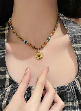 复古波西比亚太阳花项链女显白串珠轻奢小众设计锁骨链民族风配饰