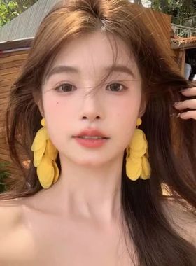 海港假日~夏季海边度假氛围黄色耳钉花瓣流苏耳环波西米亚耳饰女