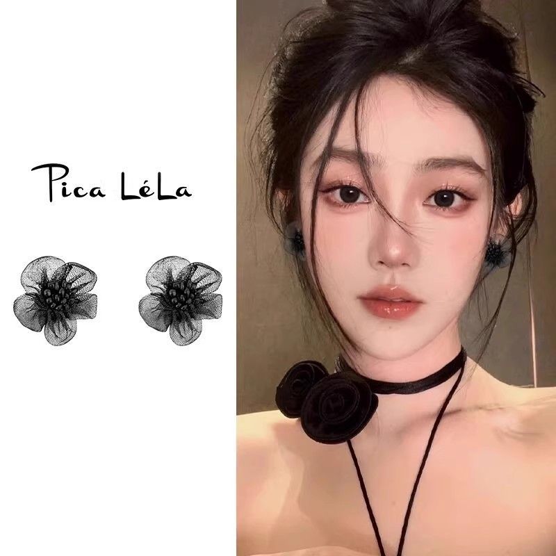 黑色花朵耳环女2025新款爆款小众