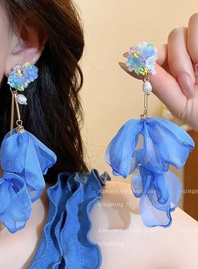 海边度假风蓝色长款流苏花朵耳环2025新款爆款耳钉超仙夸张耳饰女