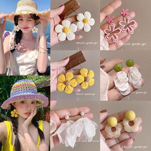 多巴胺编织花朵耳钉女新款 夏日度假风耳夹潮高级感夸张海边耳饰女