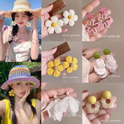 多巴胺编织花朵耳钉女新款夏日度假风耳夹潮高级感夸张海边耳饰女