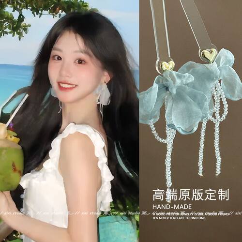 薄荷曼波风花瓣串珠流苏耳环女2025新款超仙长款小众甜美无痛耳夹