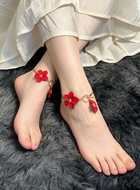 异域风情立体红色花朵脚链小众设计感时尚简约海边度假沙滩脚链