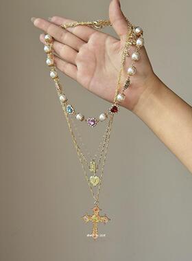 Vintage古着金色闪钻十字架吊坠项链女甜美彩色时尚小众叠戴颈链