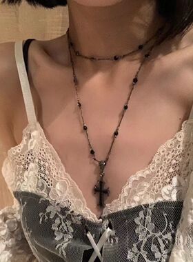 暗黑十字架串珠项链女长款双层叠戴颈链小众设计出游搭配锁骨链