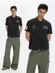 A Puee American Retro Vintage Distressed Embroidered Short-Sleeved Polo Shirt for Men and Women, Cool Street Style Short Top