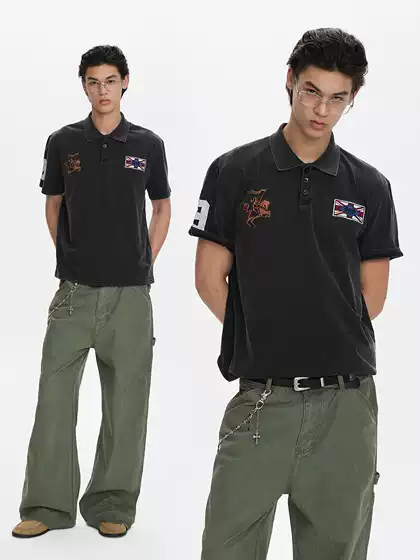 A Puee American Retro Vintage Distressed Embroidered Short-Sleeved Polo Shirt for Men and Women, Cool Street Style Short Top