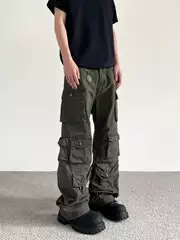 A Puee American Retro Vintage Distressed Paratrooper Cargo Pants Trendy High Street Vibe Multi-Pocket Functional Pants