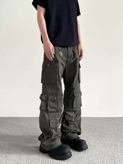 A Puee American Retro Vintage Distressed Paratrooper Cargo Pants Trendy High Street Vibe Multi-Pocket Functional Pants