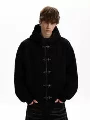 A Puee American Retro Cleanfit Zipper Sweatshirt with Airplane Buckle Design, Boxy Fit, Short Jacket, Trendy