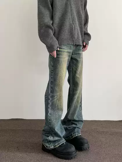 American High Street Vibe Retro Washed Distressed Jeans for Men, Trendy Straight-Leg, Slightly Flared, Slimming Cleanfit Long Pants
