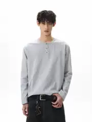 A Puee American High Street Cleanfit Skin-Friendly Henry Collar Long-Sleeve T-Shirt for Men and Women, Versatile Boxy Short Top