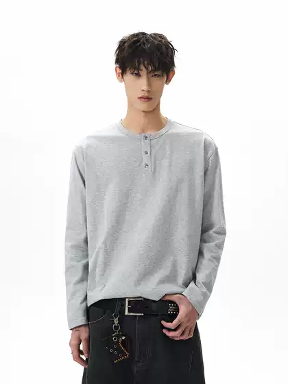 A Puee American High Street Cleanfit Skin-Friendly Henry Collar Long-Sleeve T-Shirt for Men and Women, Versatile Boxy Short Top
