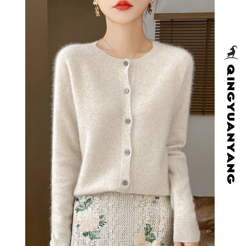 100%绵羊毛！一线成衣女圆领开衫