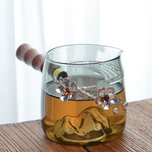 木把分茶器家用高档茶具 侧把观山月牙过滤公道杯玻璃茶漏一体式