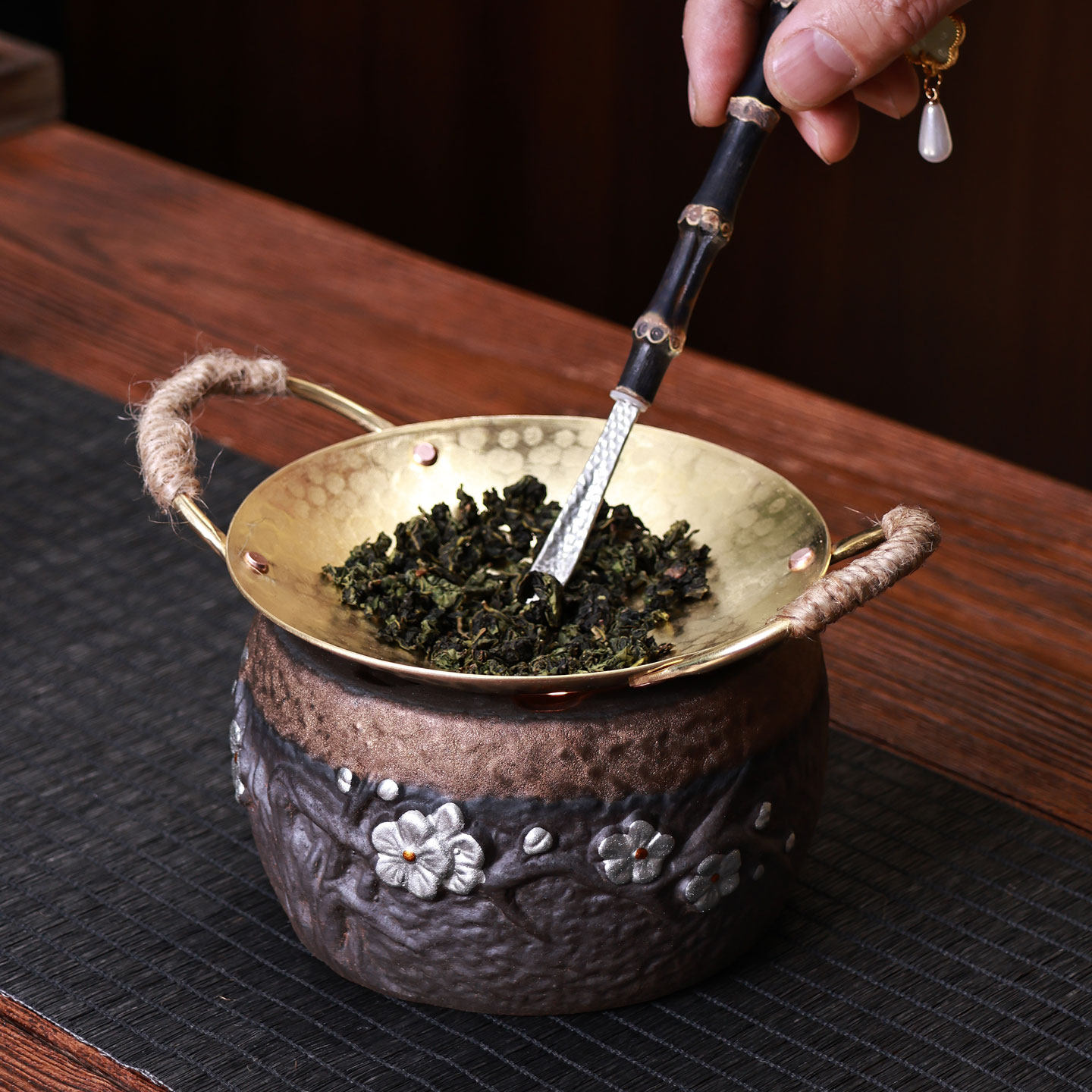 黄铜双耳烤茶盘煮茶茶具配件焙茶器蜡烛加热盘香薰盘茶叶提香器
