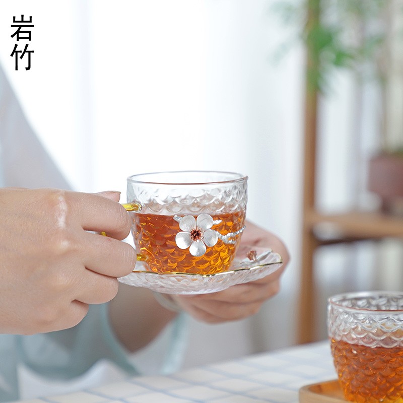 玻璃功夫茶杯耐热加厚带手把杯子小号镶锡梅花创意个性主人杯单杯
